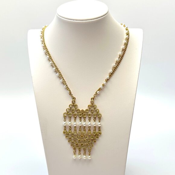 '60s NECKLACE STACK: Gold Geometric Pendant w/Pearls & Vendome Mesh Bib Pairing - Picture 2 of 16
